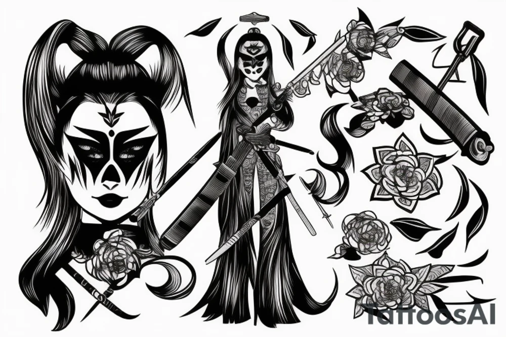katana blackwork girl looking tattoo idea