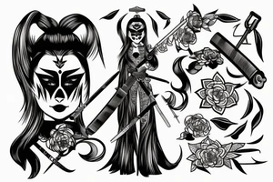 katana blackwork girl looking tattoo idea