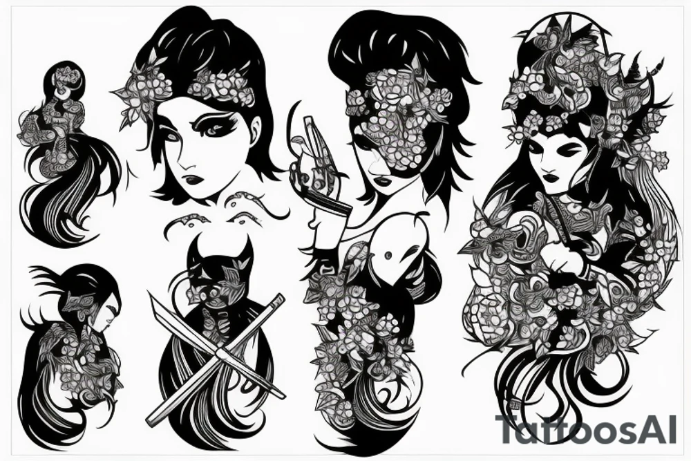 katana blackwork girl looking tattoo idea