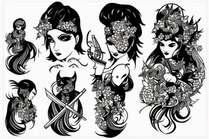 katana blackwork girl looking tattoo idea