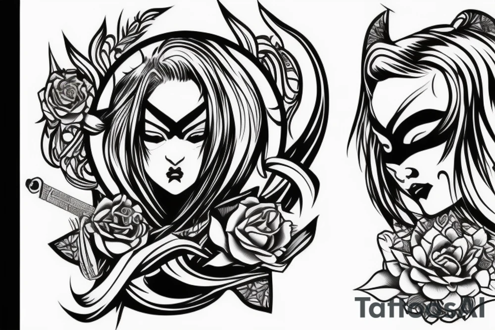 katana blackwork girl looking angry tattoo idea