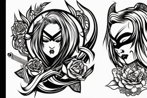 katana blackwork girl looking angry tattoo idea