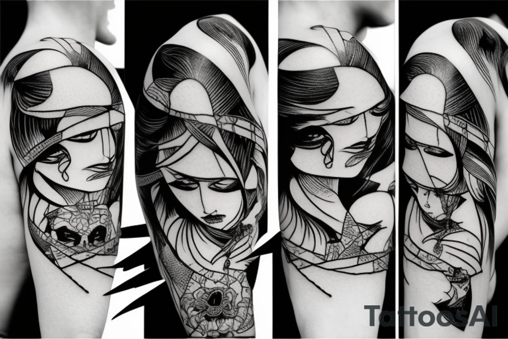 katana blackwork girl looking angry tattoo idea