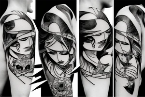 katana blackwork girl looking angry tattoo idea
