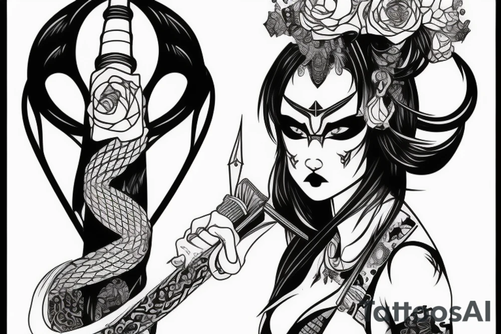 katana blackwork girl looking angry tattoo idea