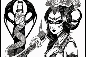 katana blackwork girl looking angry tattoo idea