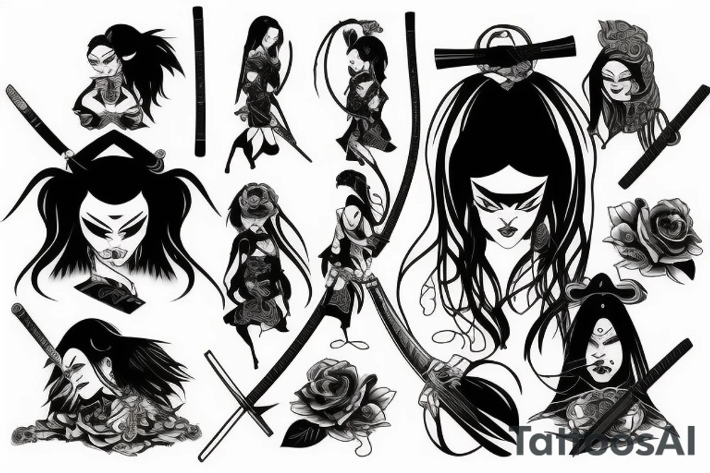 katana blackwork girl looking angry tattoo idea
