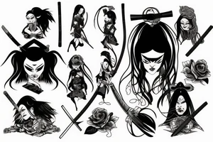 katana blackwork girl looking angry tattoo idea