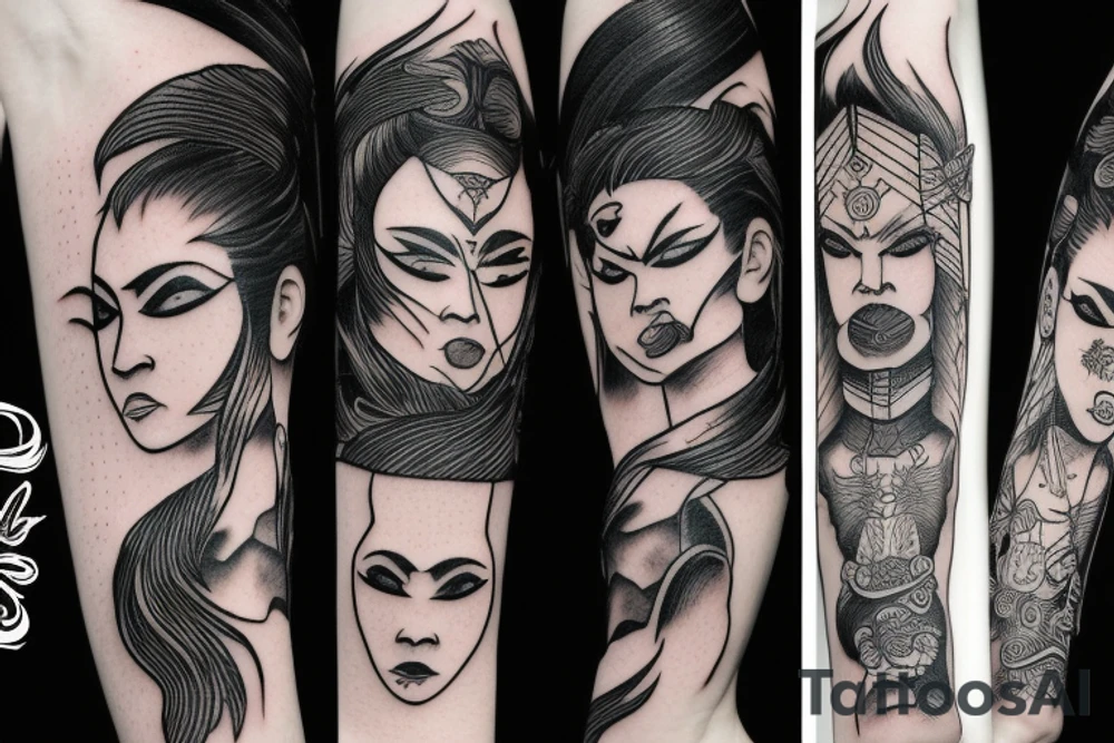 katana blackwork girl looking angry tattoo idea
