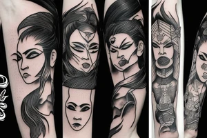 katana blackwork girl looking angry tattoo idea