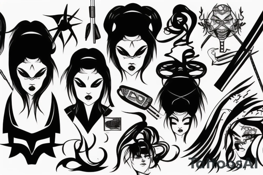 katana blackwork girl looking angry tattoo idea