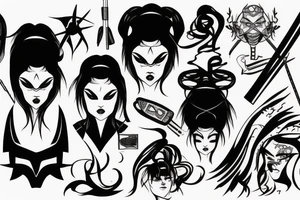 katana blackwork girl looking angry tattoo idea
