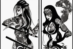 katana blackwork girl looking angry tattoo idea