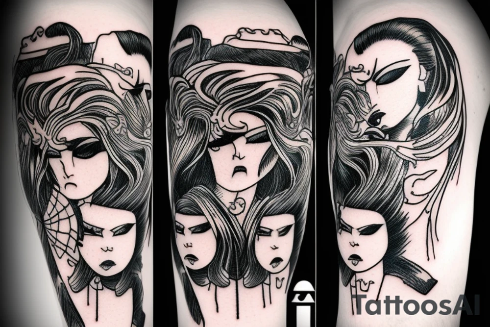 katana blackwork girl looking angry tattoo idea