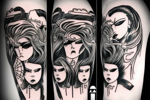 katana blackwork girl looking angry tattoo idea