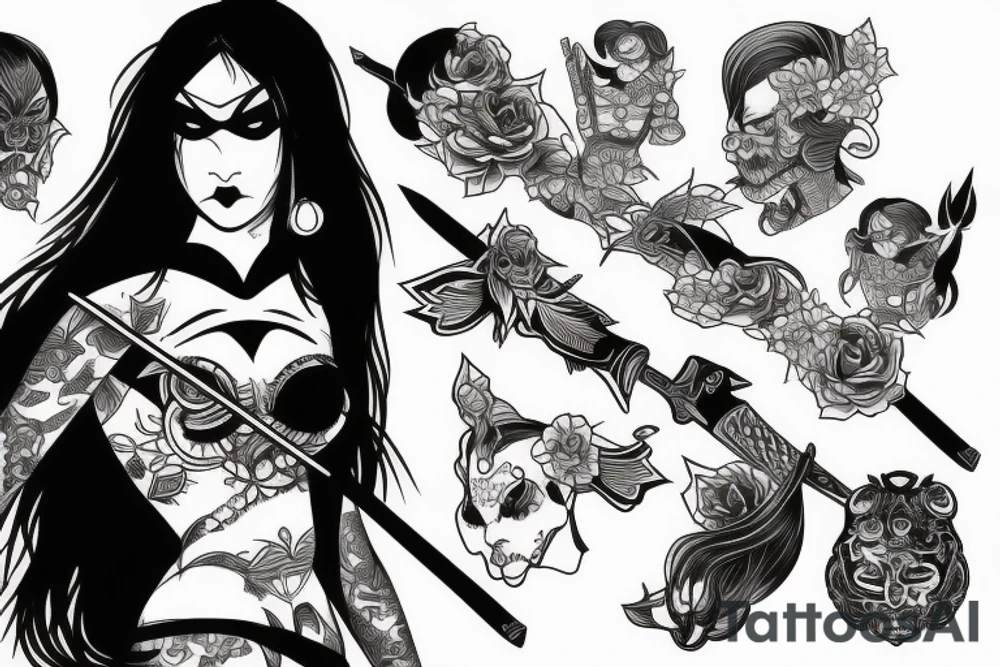 katana blackwork girl looking angry tattoo idea