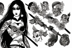 katana blackwork girl looking angry tattoo idea