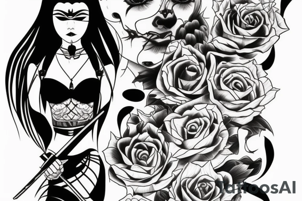 katana blackwork girl looking angry tattoo idea