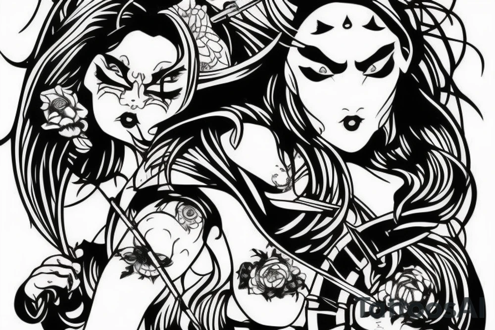 katana blackwork girl looking angry (size printeble) tattoo idea