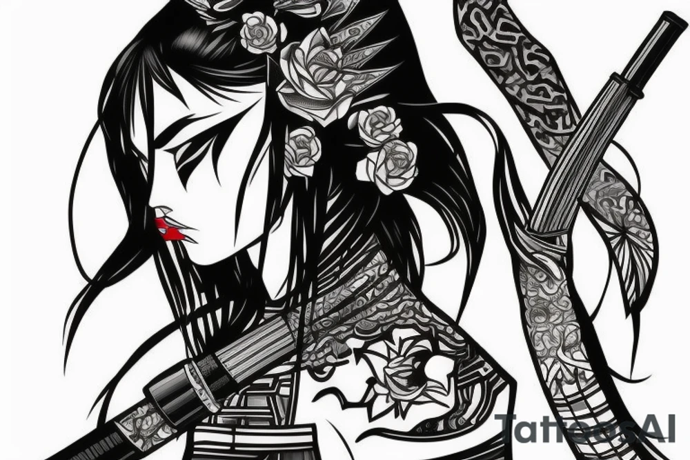 katana blackwork girl looking angry (size printeble) tattoo idea
