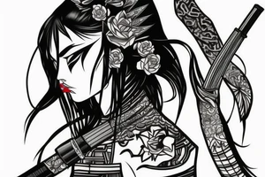 katana blackwork girl looking angry (size printeble) tattoo idea