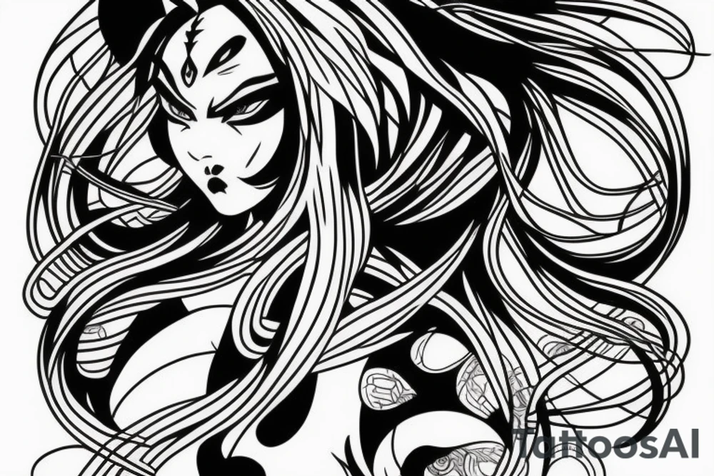 katana blackwork girl looking angry (size printeble) tattoo idea