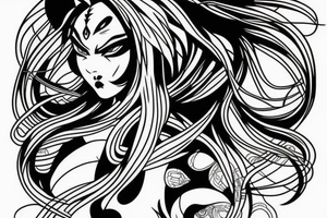 katana blackwork girl looking angry (size printeble) tattoo idea