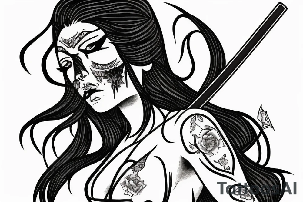 katana blackwork girl looking angry small tattoo idea