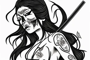katana blackwork girl looking angry small tattoo idea