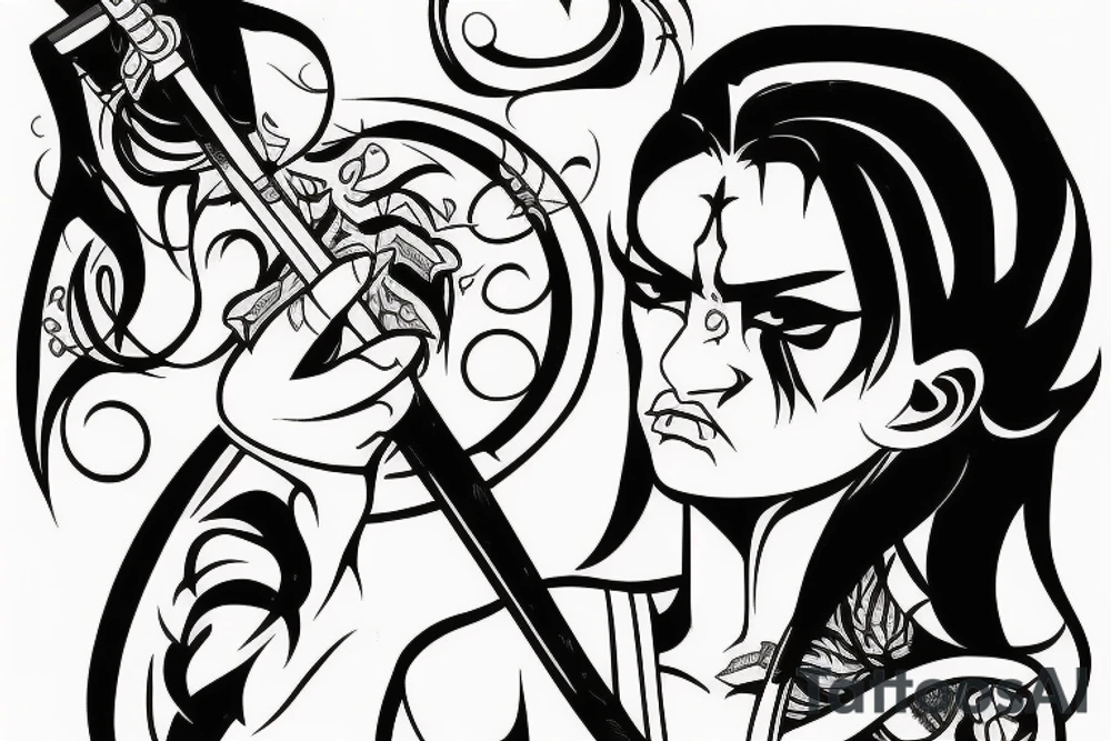 katana blackwork girl looking angry small tattoo idea