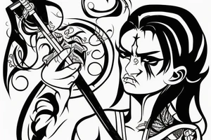 katana blackwork girl looking angry small tattoo idea