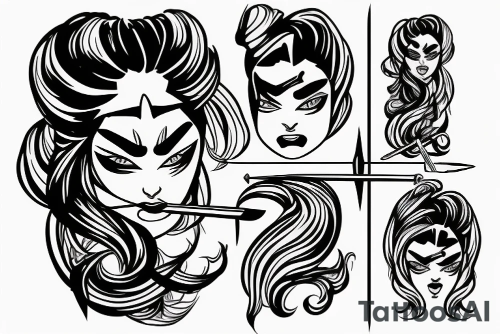 katana blackwork girl looking angry small tattoo idea