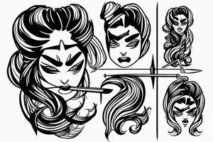 katana blackwork girl looking angry small tattoo idea