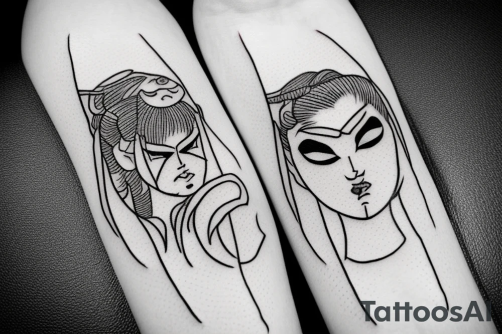 katana blackwork girl looking angry small tattoo idea
