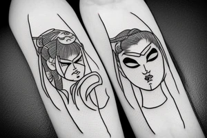 katana blackwork girl looking angry small tattoo idea