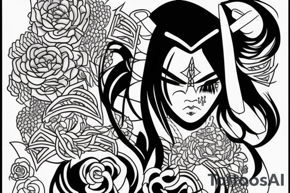 katana blackwork girl looking angry small tattoo idea