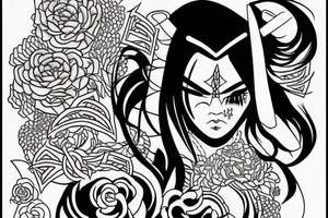 katana blackwork girl looking angry small tattoo idea