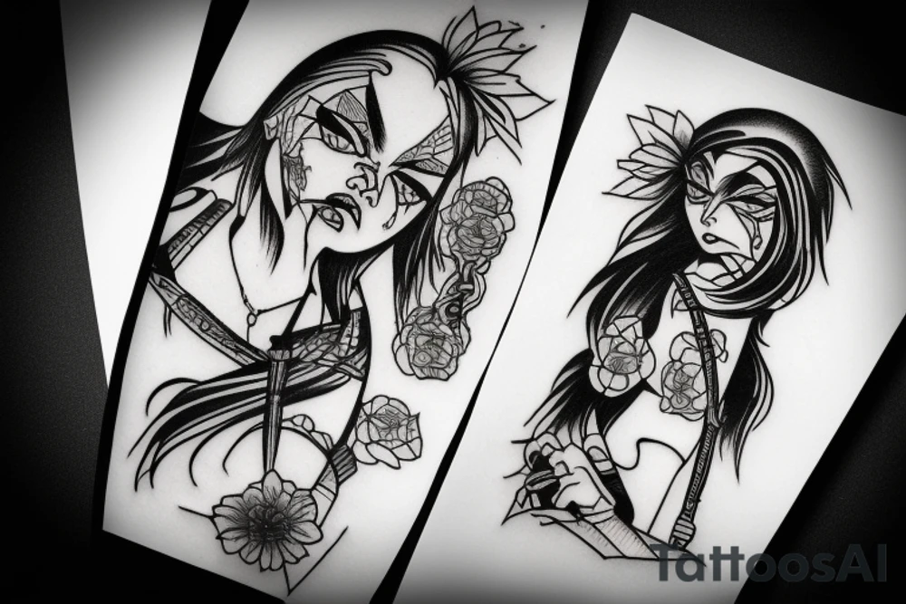 katana blackwork girl looking angry small tattoo idea