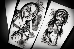 katana blackwork girl looking angry small tattoo idea
