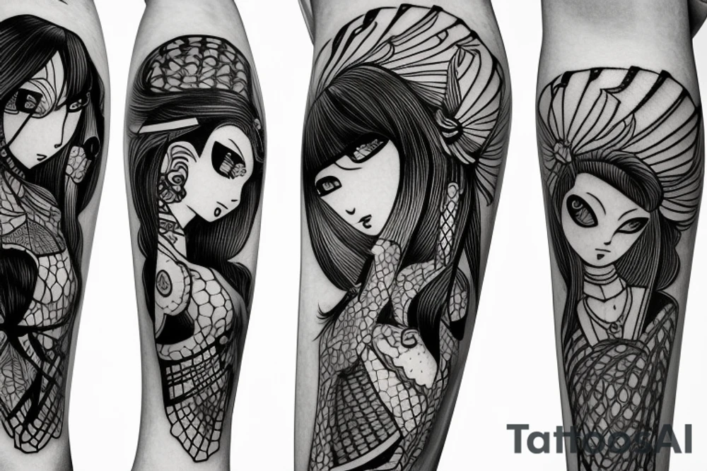 katana blackwork girl animestyle tattoo idea
