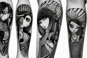 katana blackwork girl animestyle tattoo idea