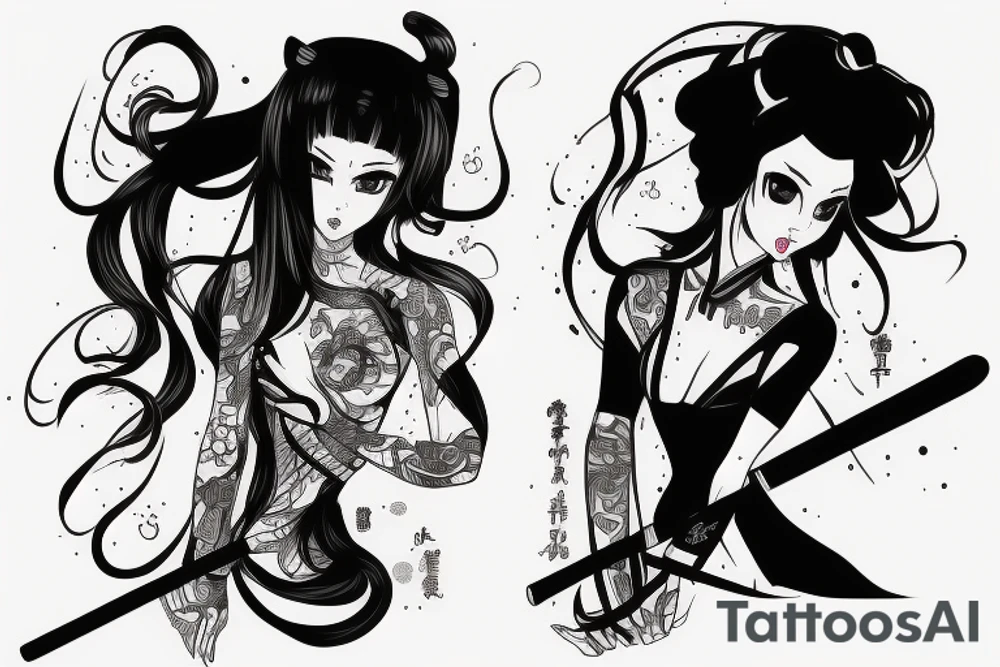katana blackwork girl animestyle tattoo idea