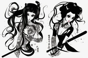 katana blackwork girl animestyle tattoo idea