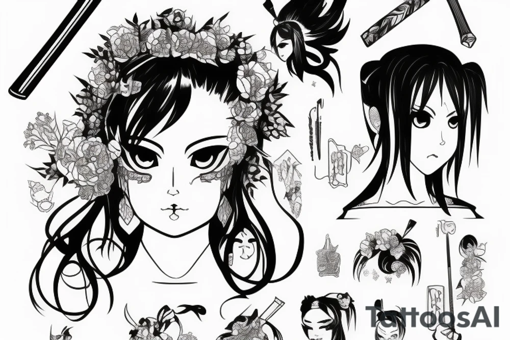 katana blackwork girl animestyle tattoo idea