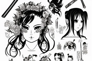 katana blackwork girl animestyle tattoo idea