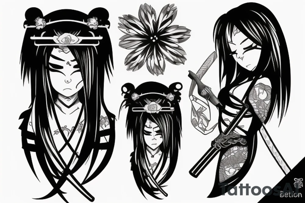 katana blackwork girl animestyle tattoo idea