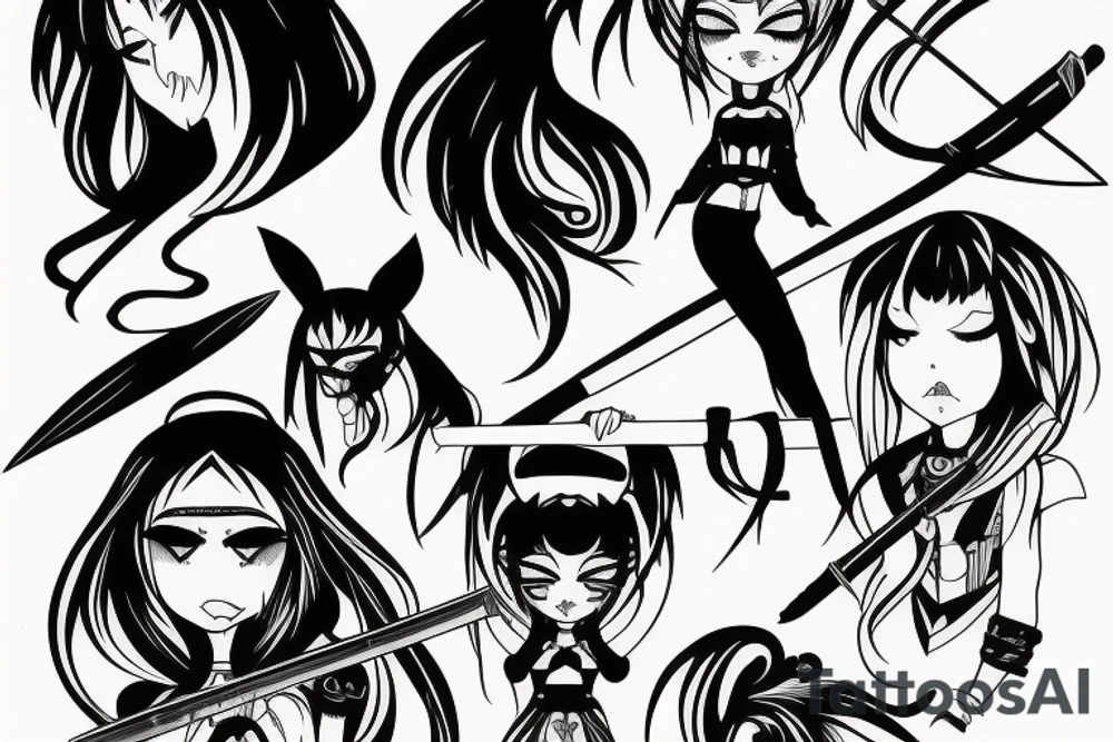 katana blackwork girl animestyle tattoo idea