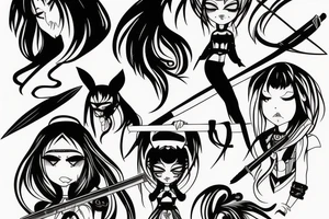 katana blackwork girl animestyle tattoo idea