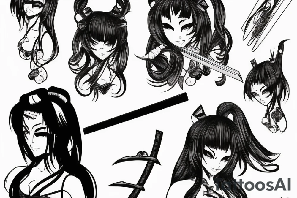 katana blackwork girl animestyle tattoo idea