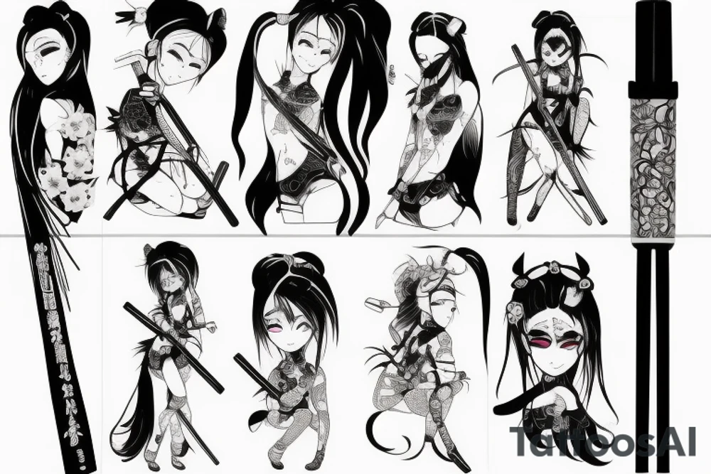 katana blackwork girl animestyle tattoo idea